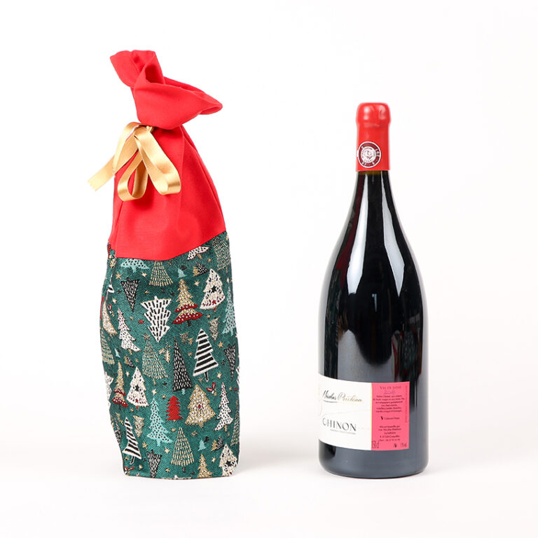 Pochette cadeau de Noël écologique Anatole en tissu jacquard français pour bouteille, mon sapin durable