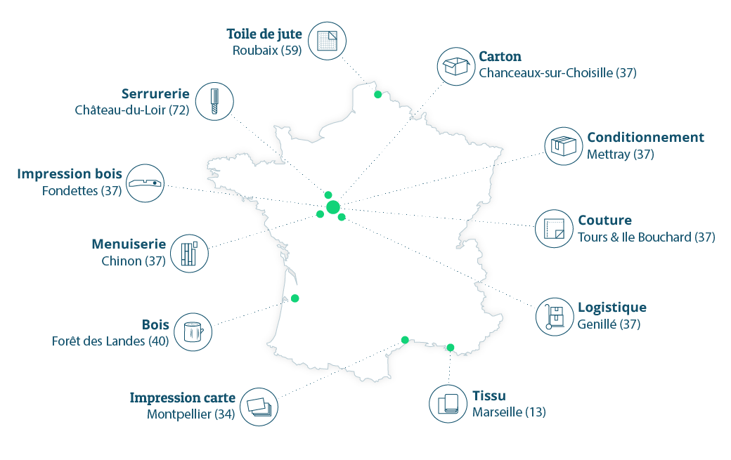 Carte de France présentant les différents lieux de fabrication