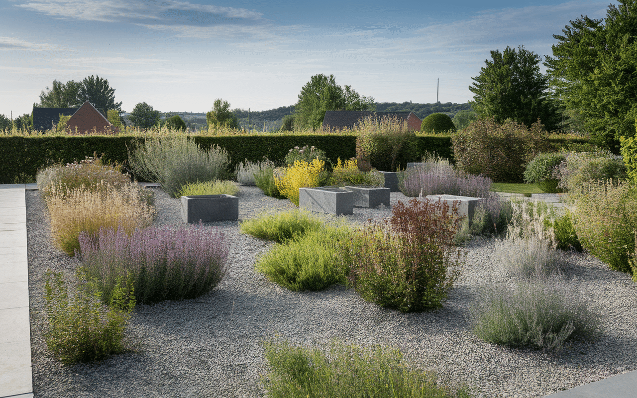 jardin sec avec aménagement plantes plein soleil sans arrosage