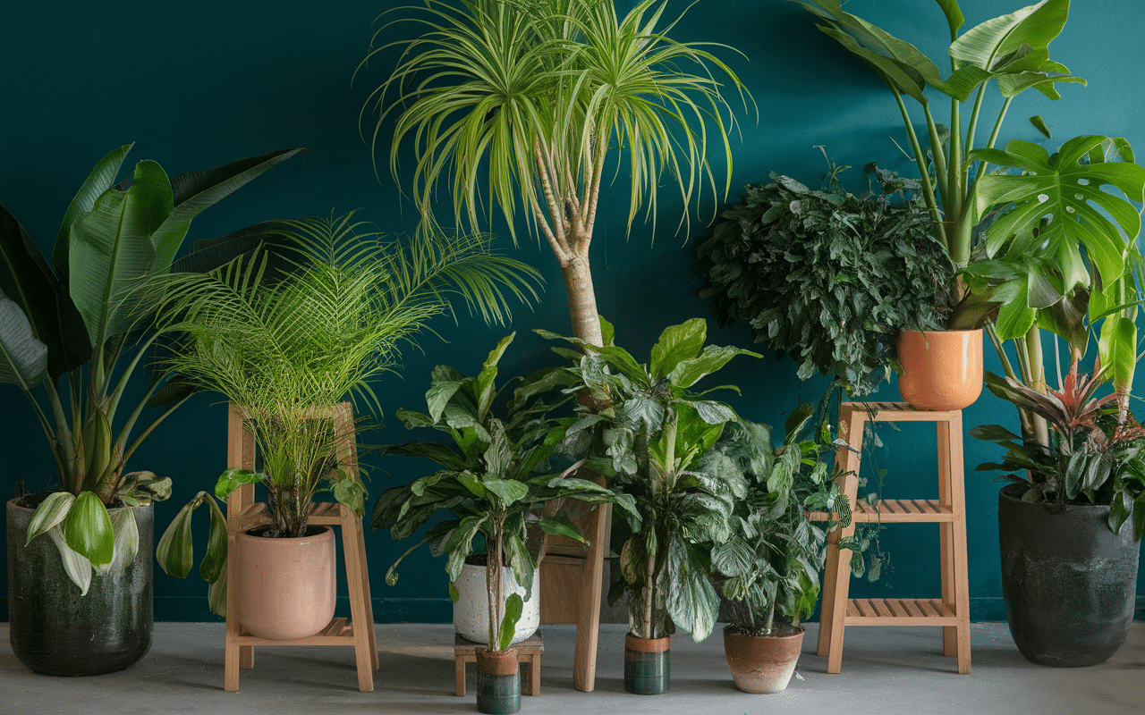 plantes salle de bain tropicales sur étagères en bois