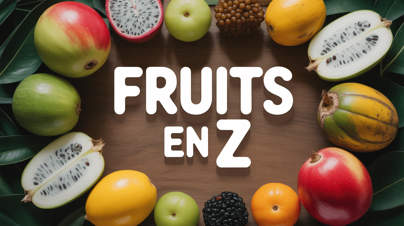 divers fruits en z exotiques rares sur fond bois avec titre