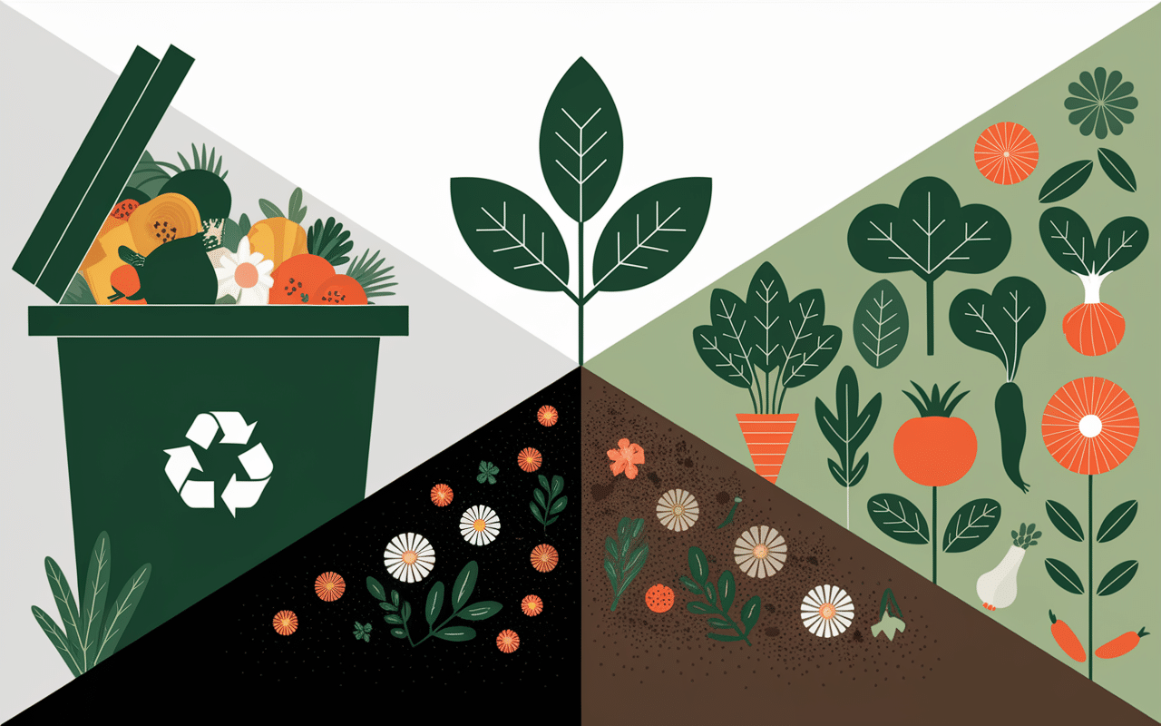Illustration compostage déchets jardin légumes fleurs compost fertile