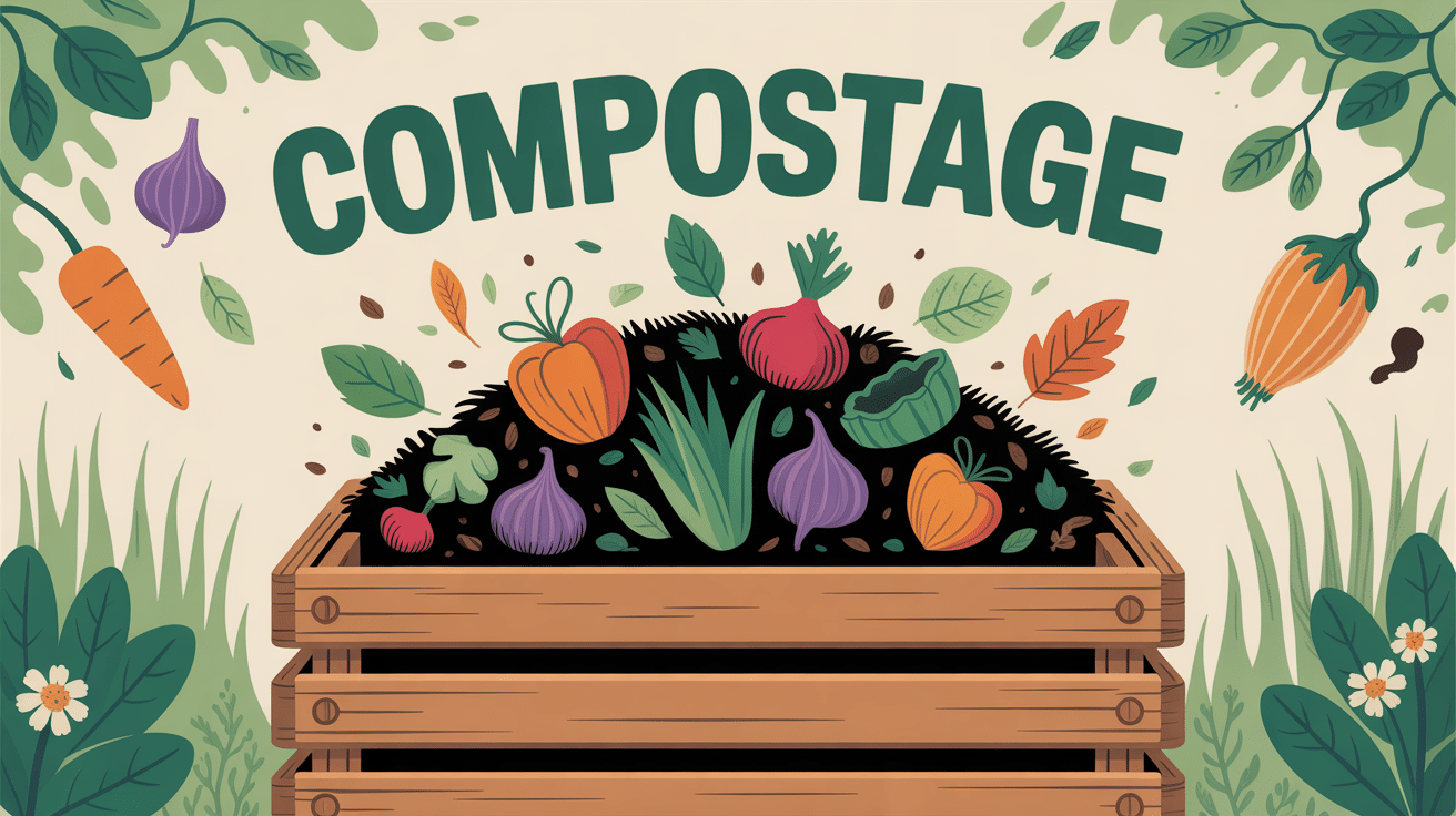 Illustration bac compostage bois déchets organiques se transformant terre