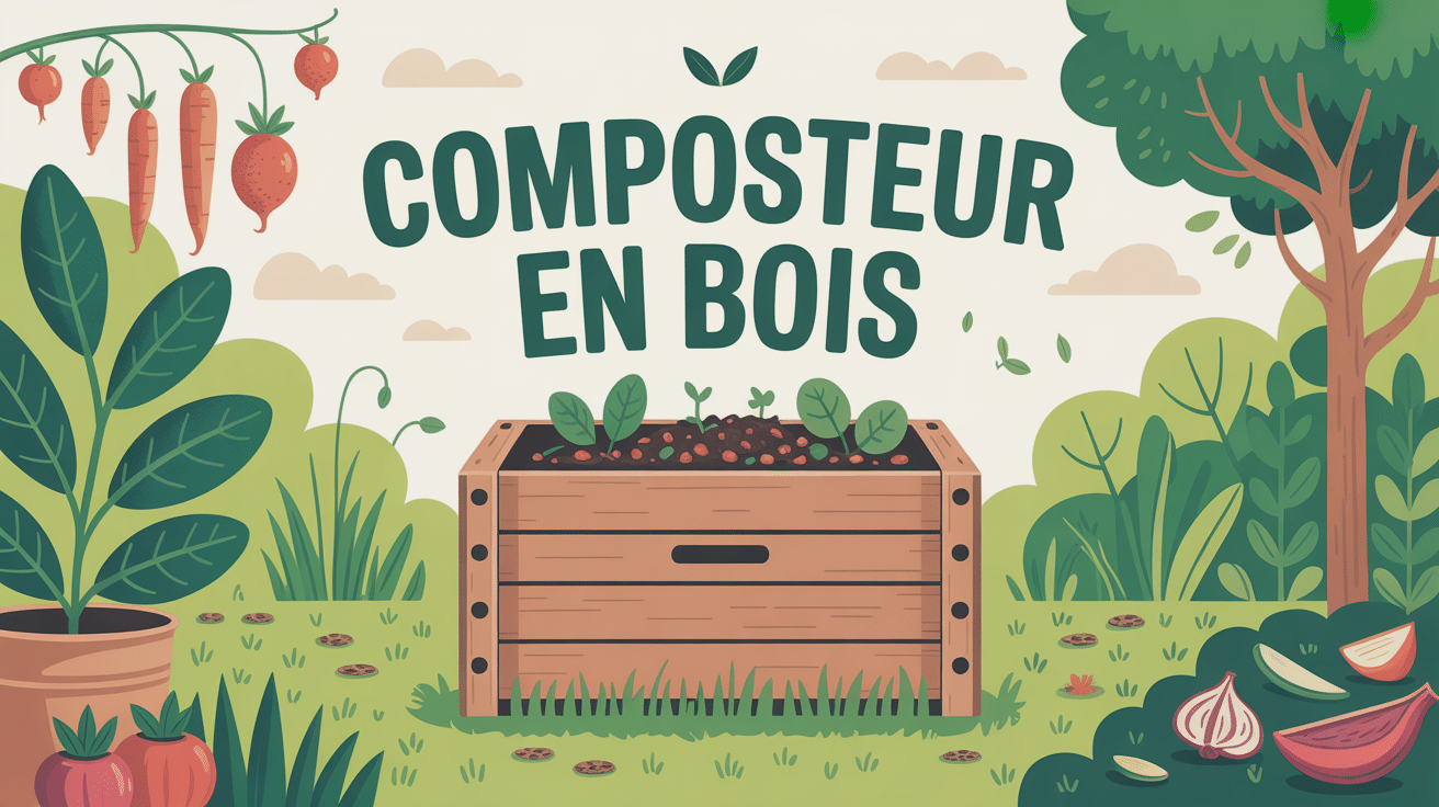 composteur en bois dans jardin avec legumes et plantes