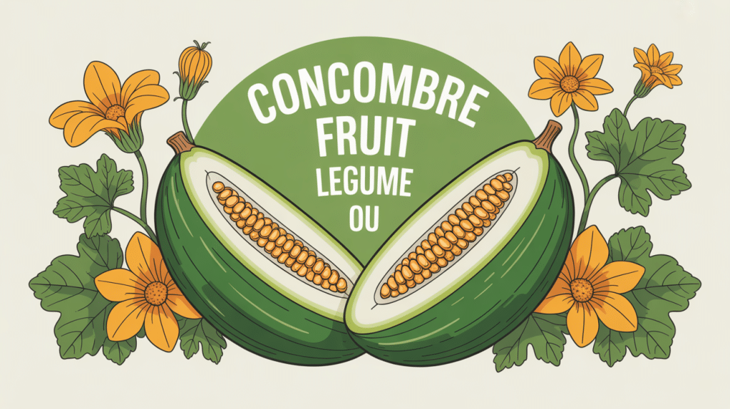 Illustration concombre fruit ou légume avec graines et fleurs jaunes