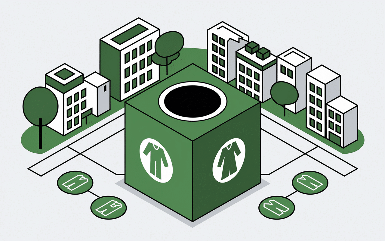 conteneur textile vert avec pictogrammes vêtements urbain