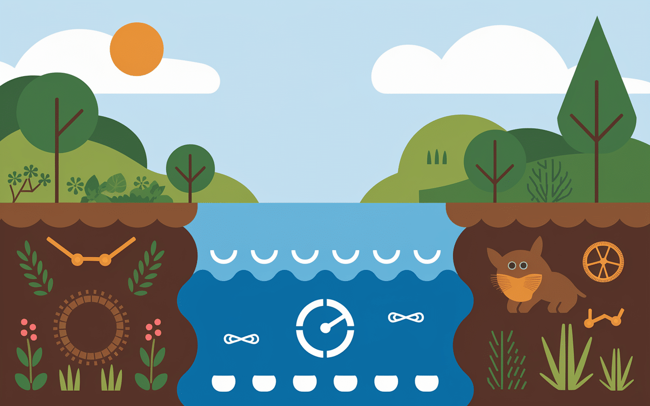 Illustration pédagogique de la crue saisonnière avec niveaux d'eau et cycle naturel