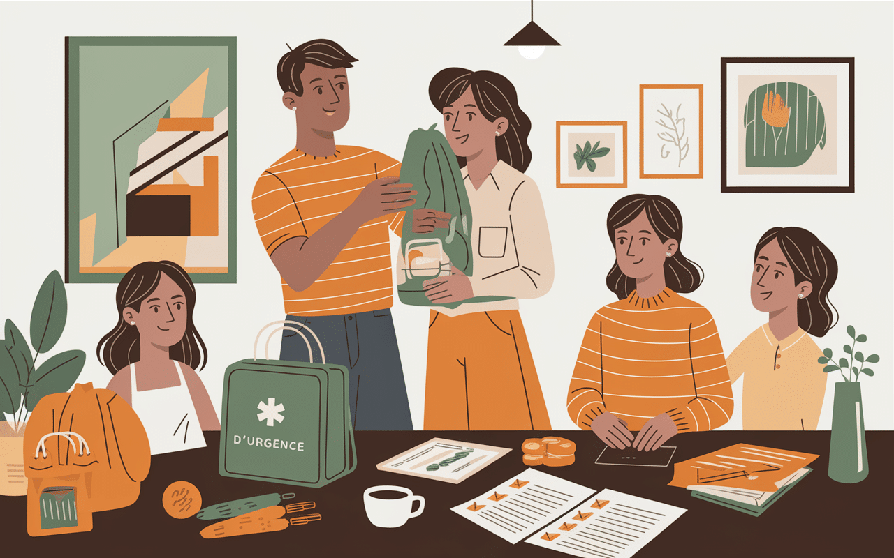Famille préparant maison pour crue saisonnière avec équipements et checklist
