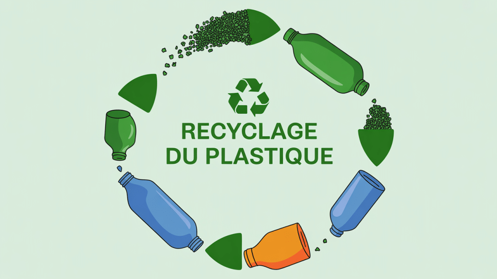 Illustration cycle recyclage plastique bouteilles granulés objets