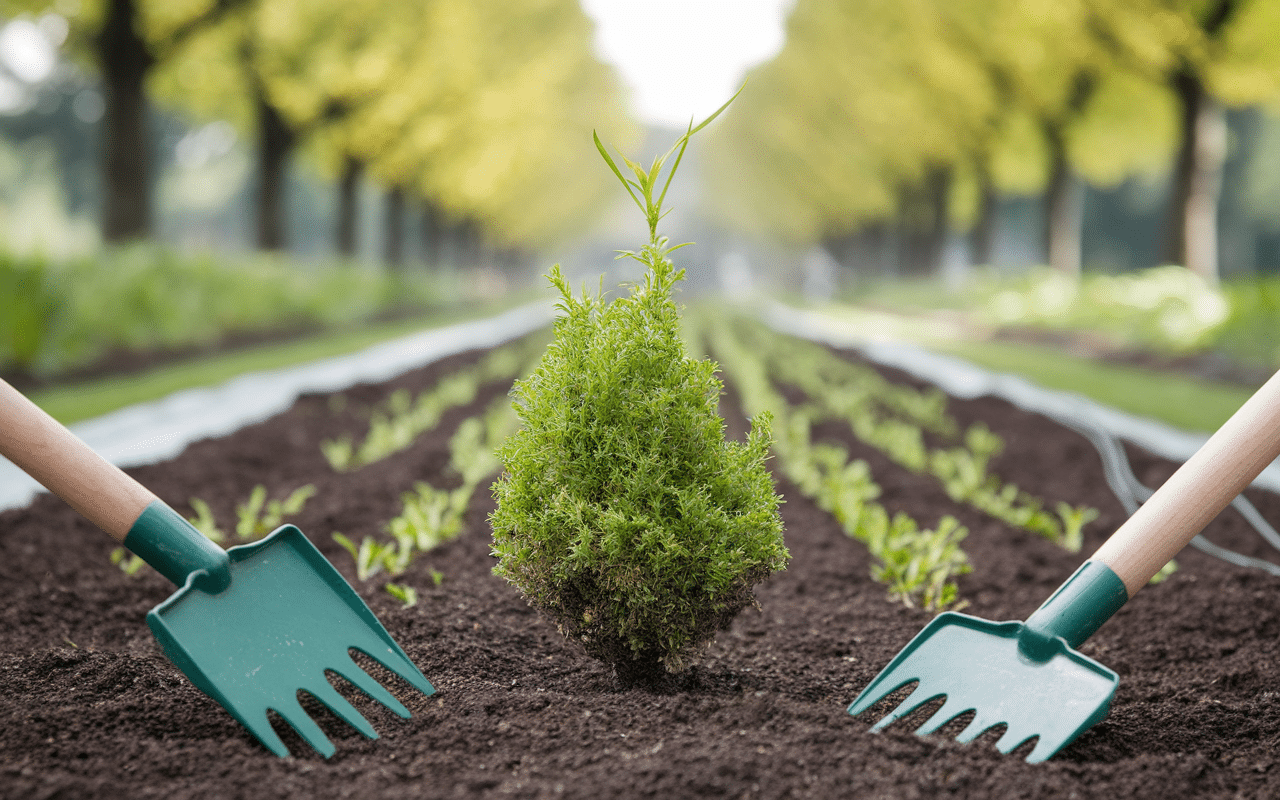 plantation cyprès chauve jeune arbre jardin ensoleillé