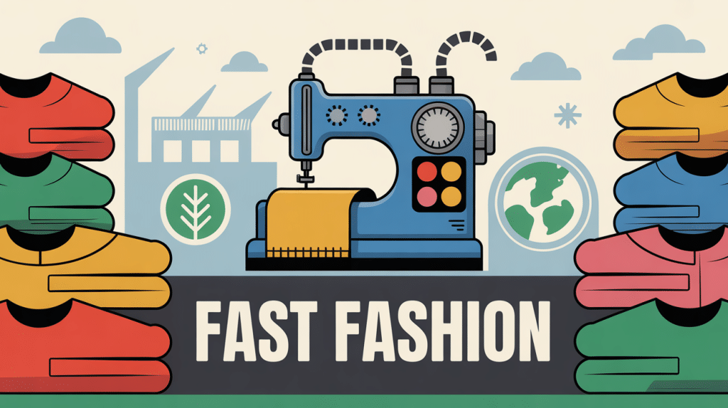Image de fast fashion avec machine à coudre, vêtements empilés et symbole impact environnemental