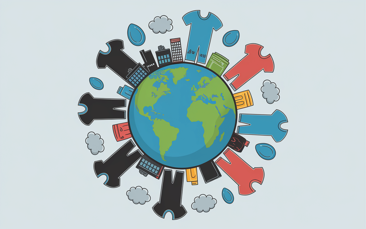 Illustration des impacts de la fast fashion sur l'environnement avec planète polluée et vêtements