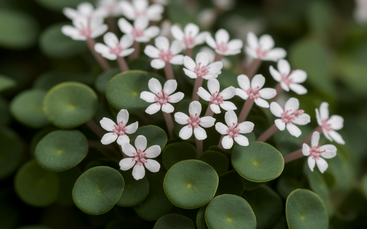 macro fleurs de pilea blanches et rosées feuilles rondes