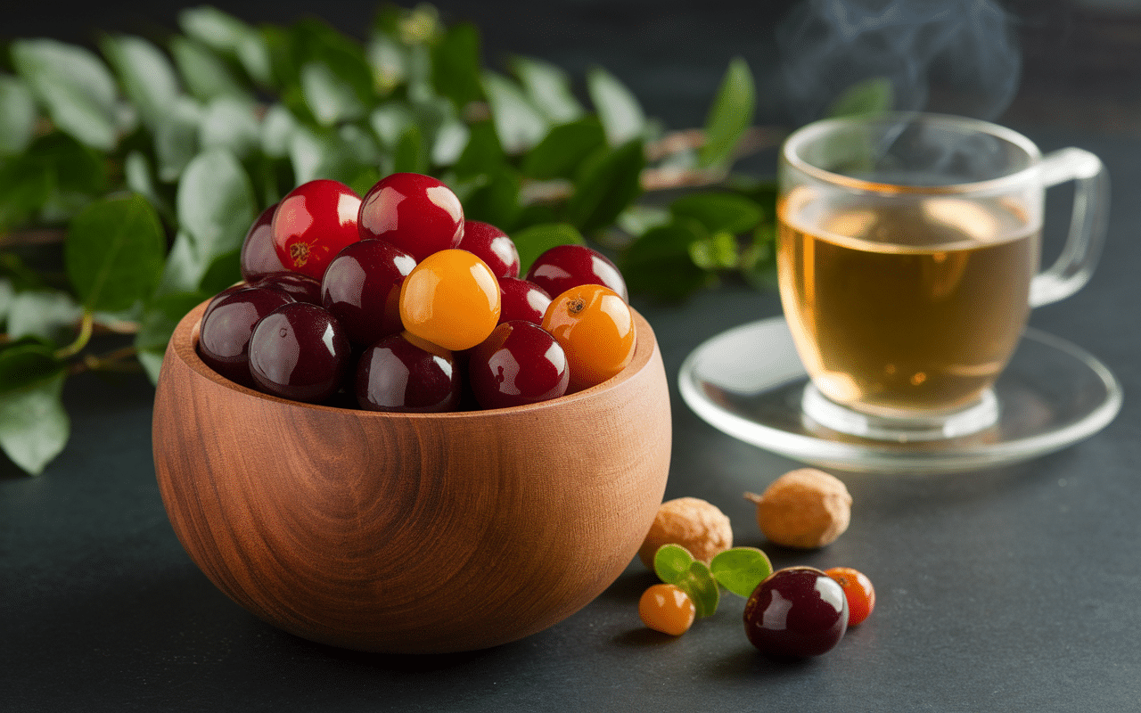gros plan fruit en j jujube brun rouge frais bol bois infusion