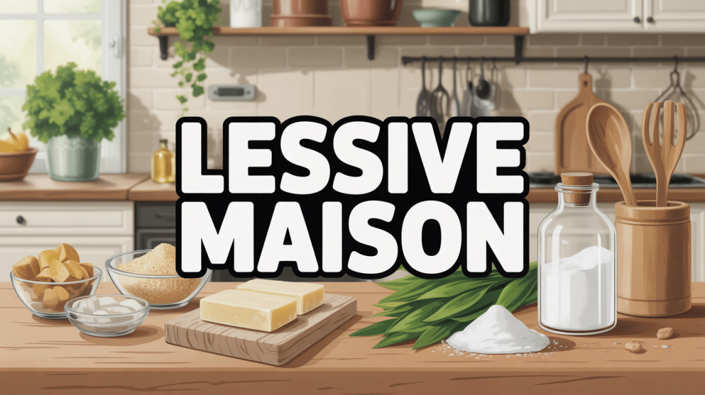 Ingrédients naturels pour lessive maison sur plan de travail en bois