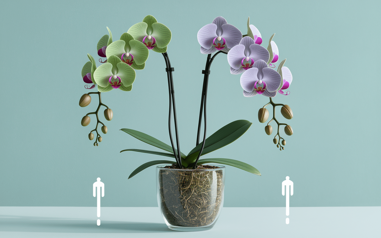 racines orchidée visibles passant du vert au gris avec substrat sec pour arrosage