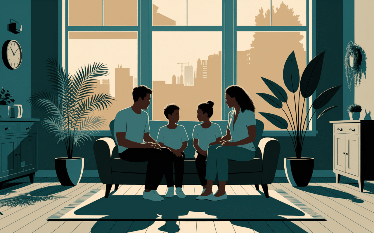 Famille dans salon org habitats durables avec économies d energie