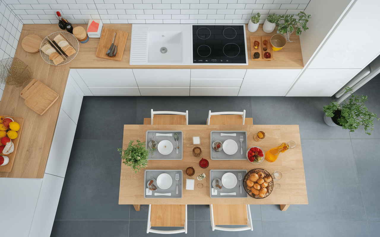 Cuisine organisée avec bacs de tri sous évier et famille triant