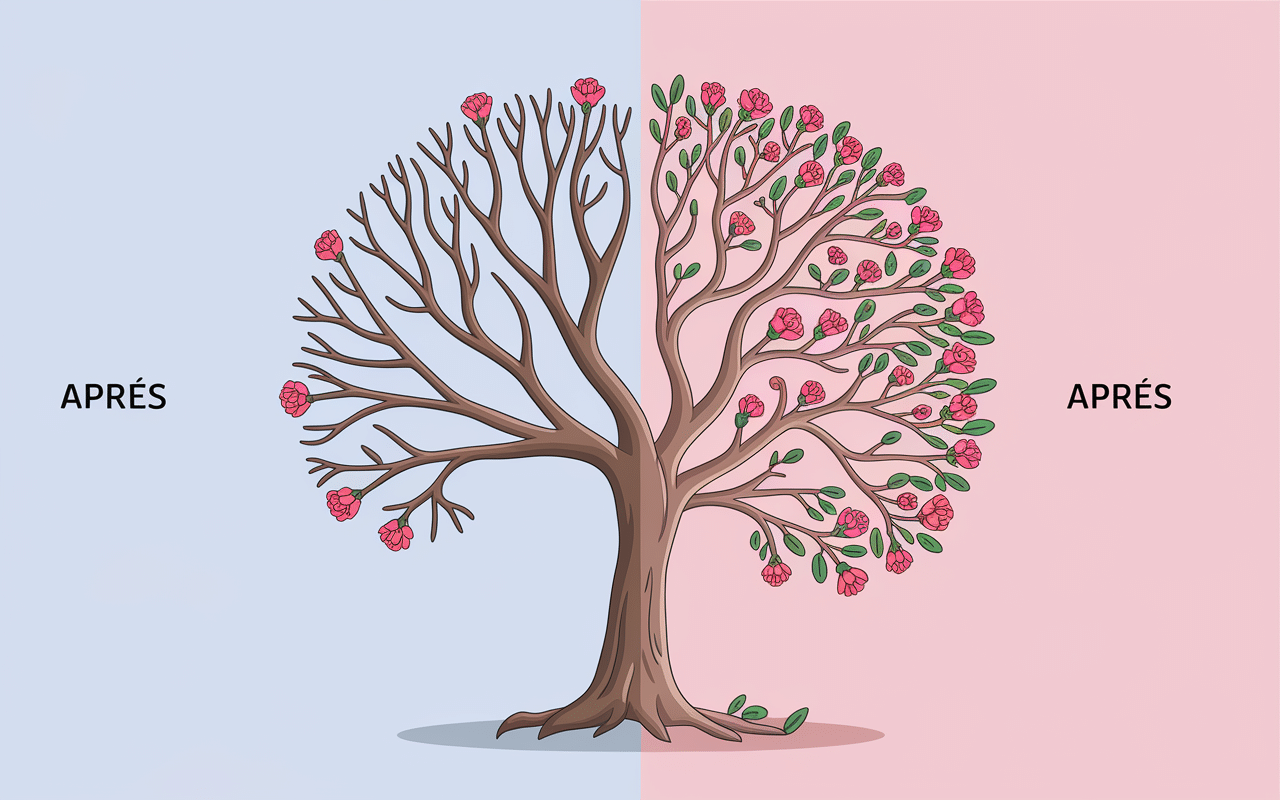 Avant après taille laurier rose branches enchevêtrées vs floraison abondante