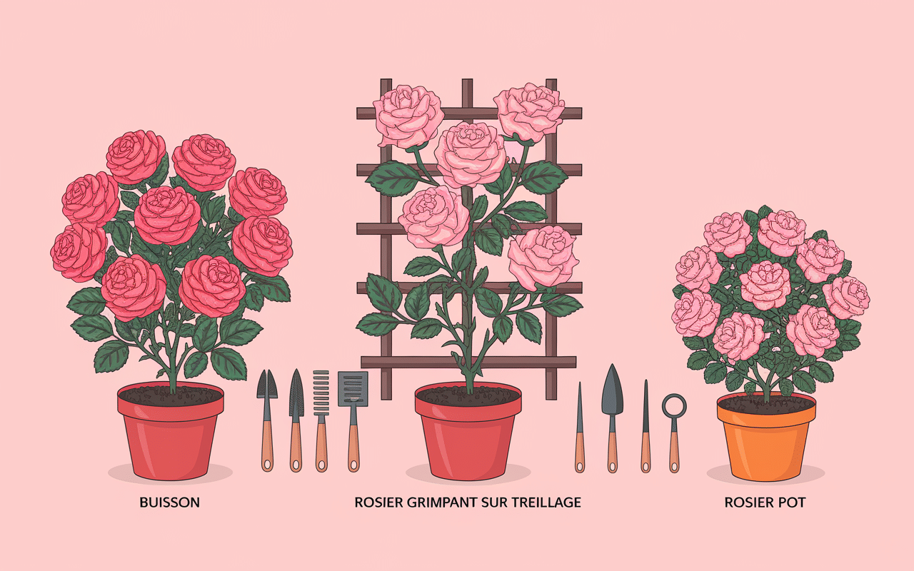 illustration de quand tailler les rosiers selon types avec outils