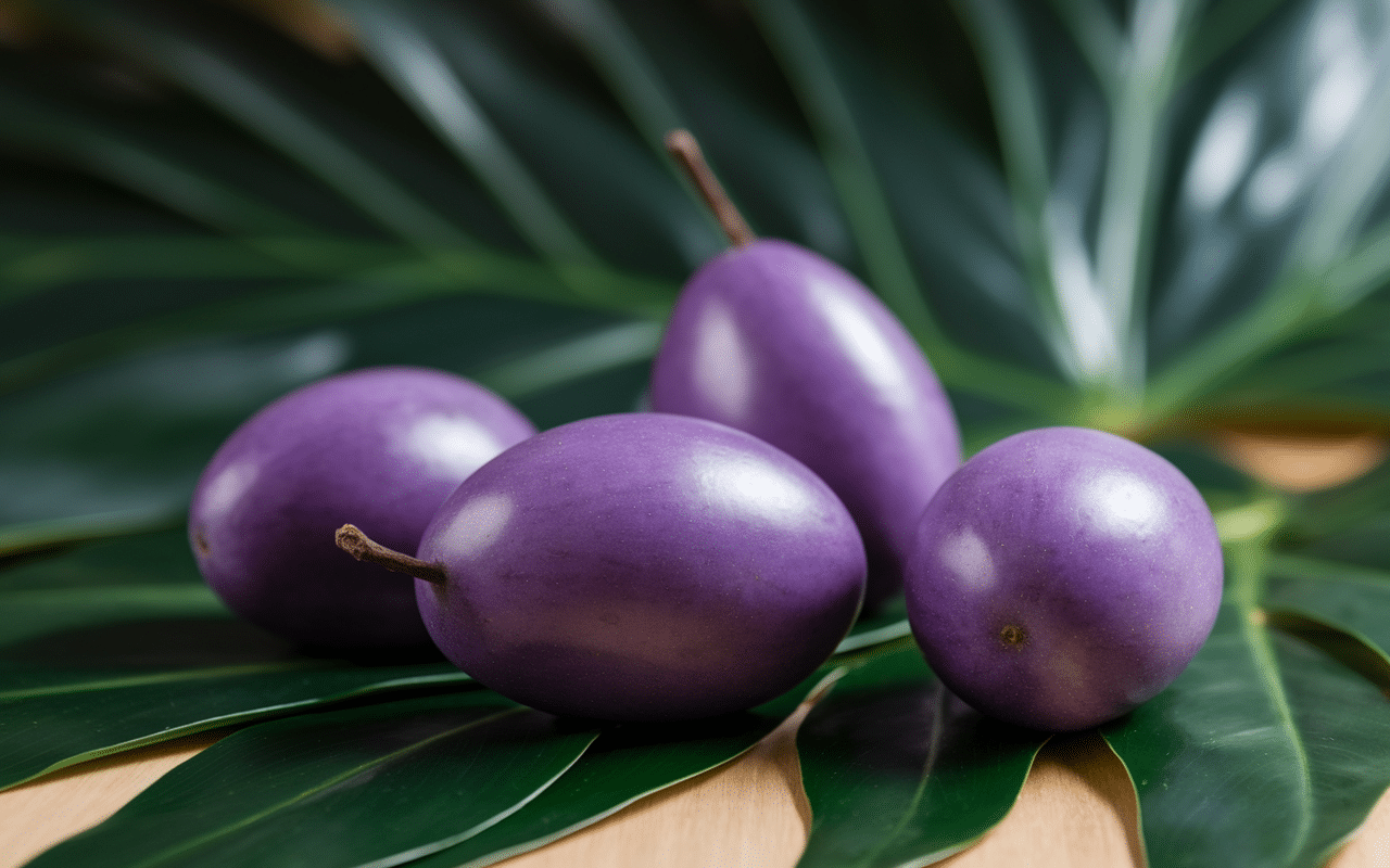 gros plan fruit en s safou violet sur bois naturel