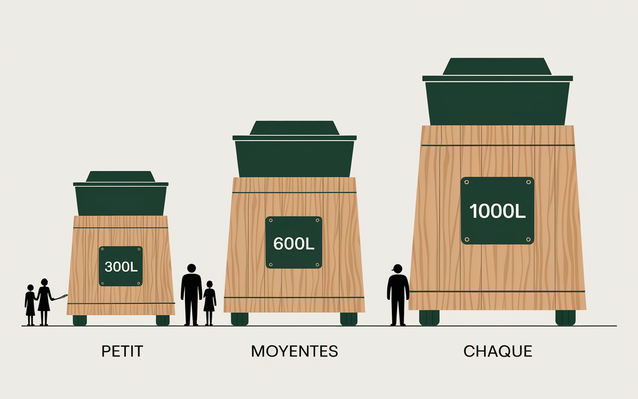infographie tailles composteur en bois avec familles et quantites de dechets