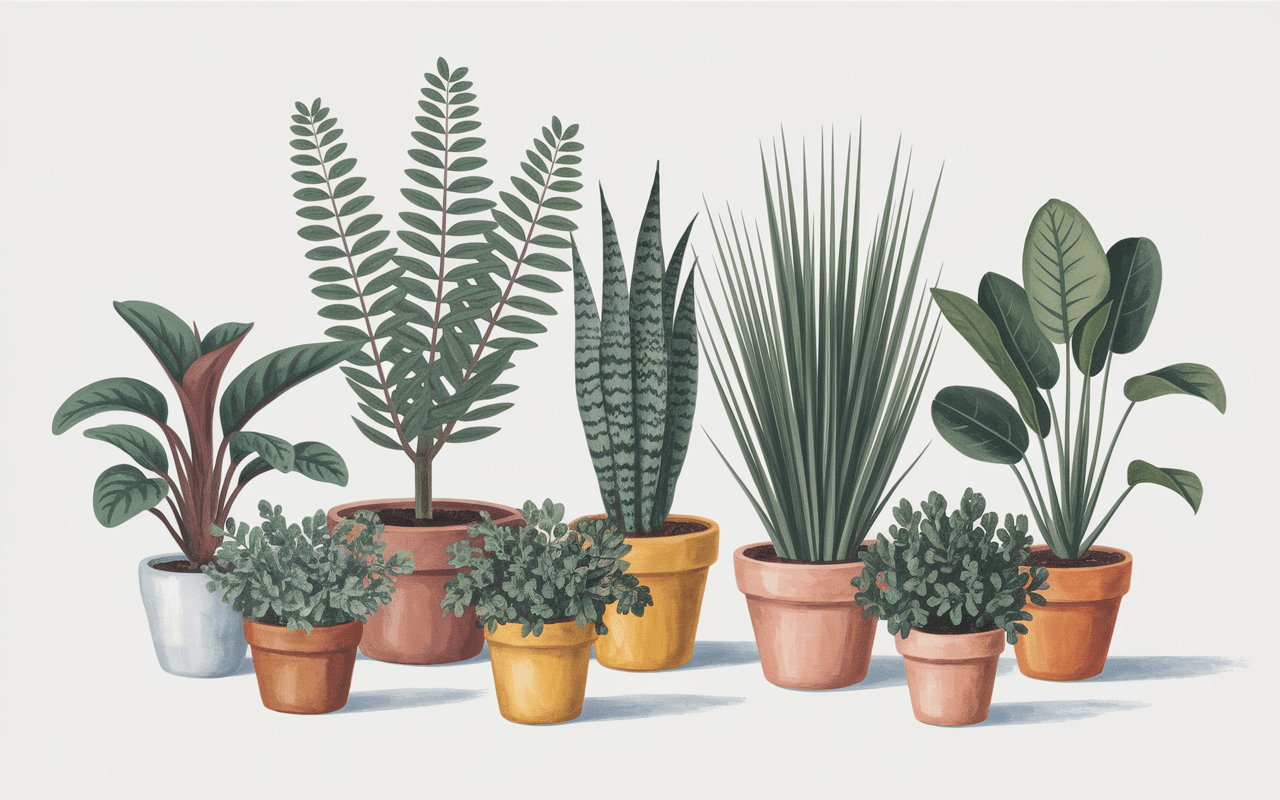 illustration botanique douze plantes pour salle de bain variées en pots céramique et terre cuite