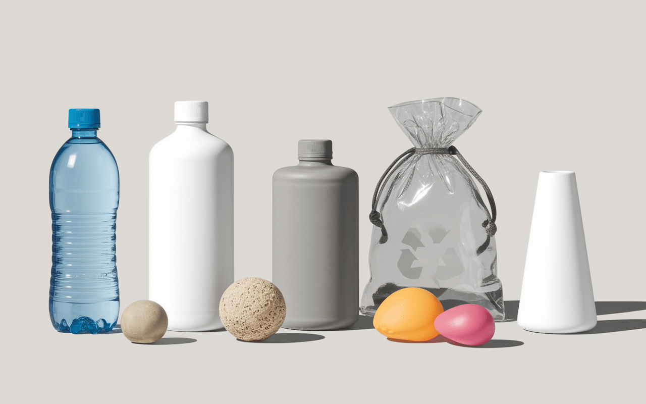 Objets plastiques codes recyclage plastique visibles fond neutre