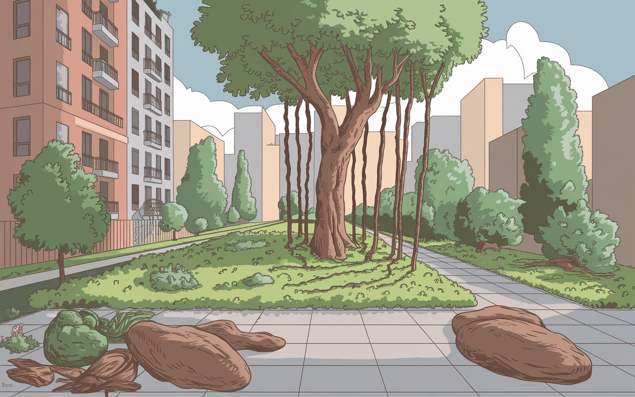 Arbre de judée dans jardin urbain avec impacts visibles