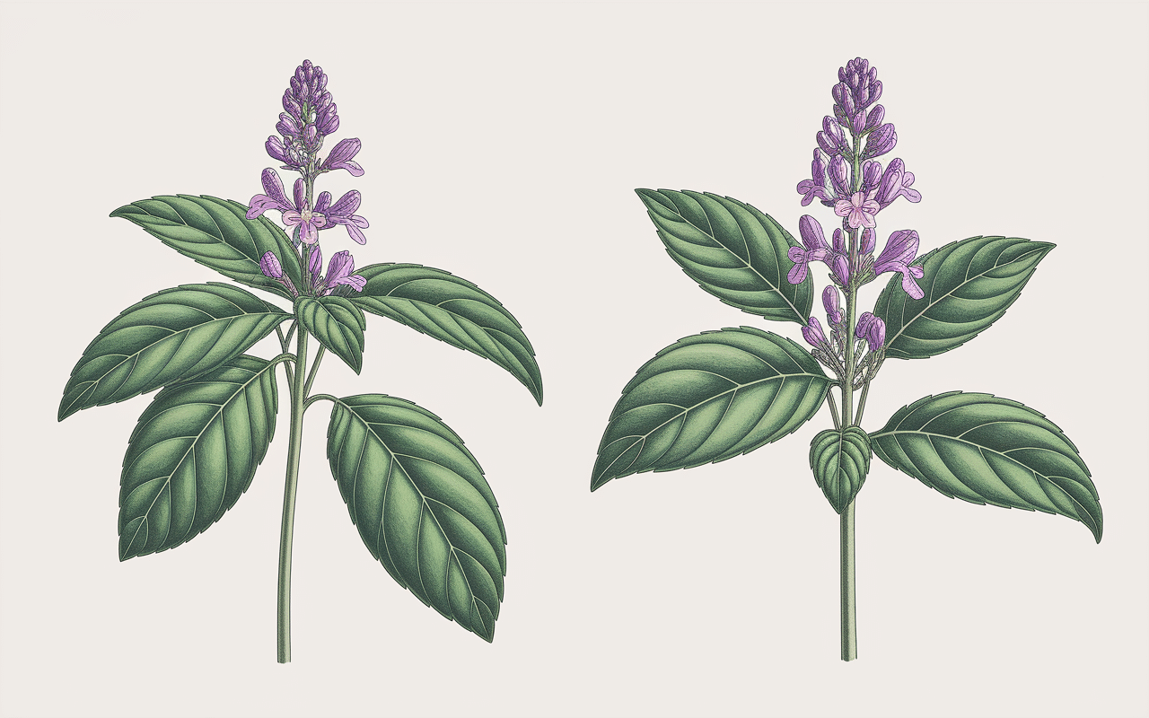 Basilic Thailandais et commun botaniquement illustrés