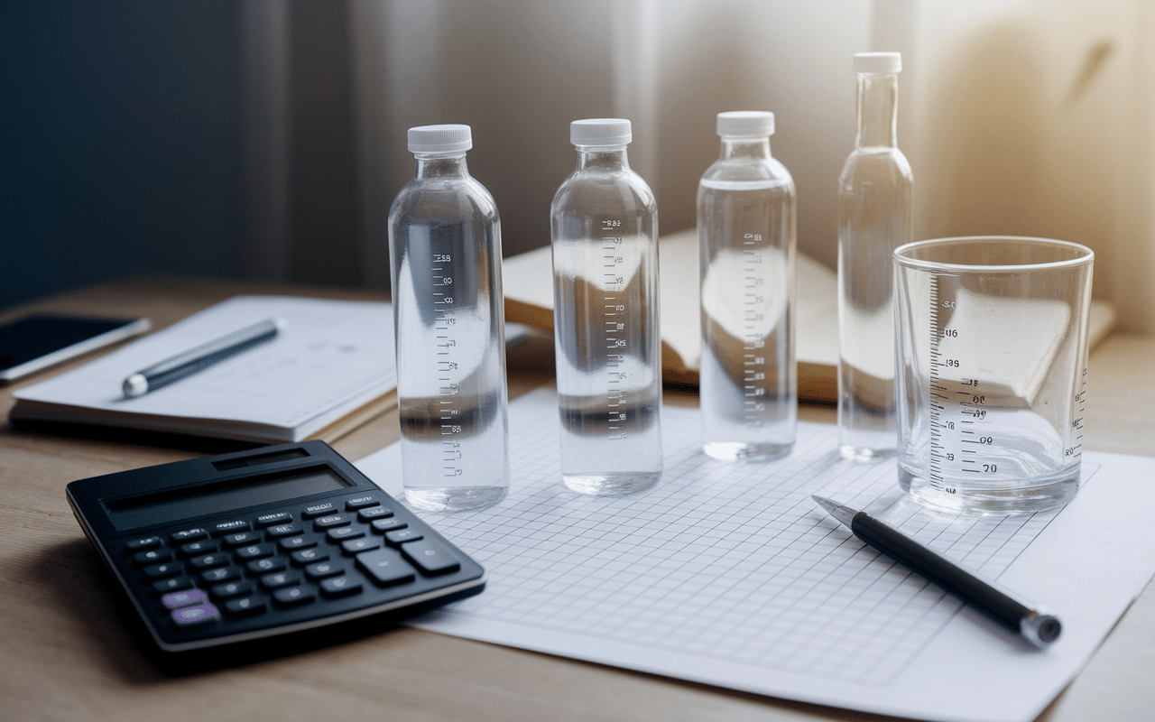 Calculatrice et bouteilles eau de javel