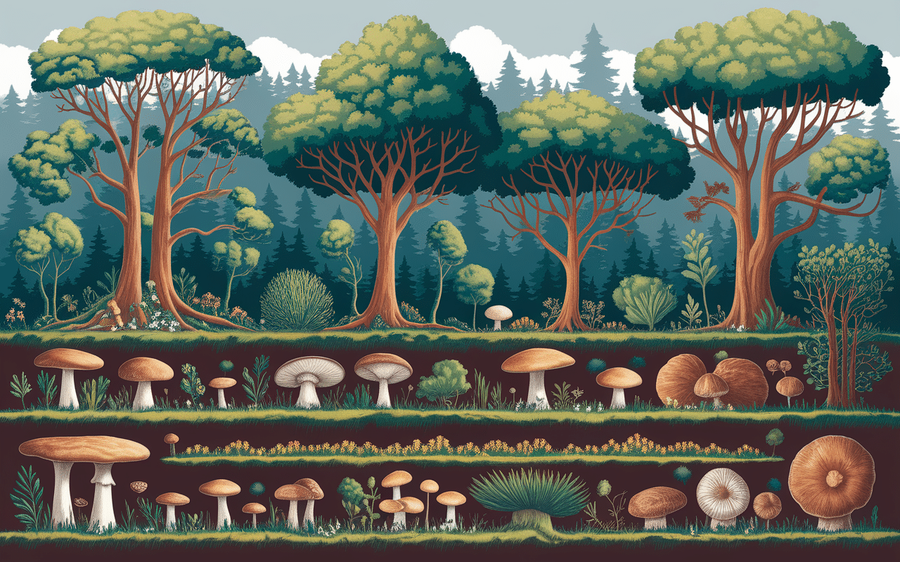 Illustration botanique d'une forêt : strates d'arbres, sous-bois et champignons