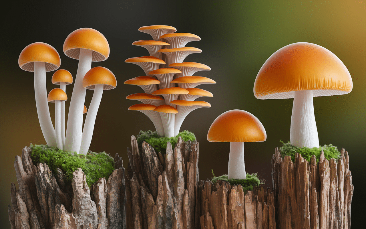 Types de champignons orange sur bois mort