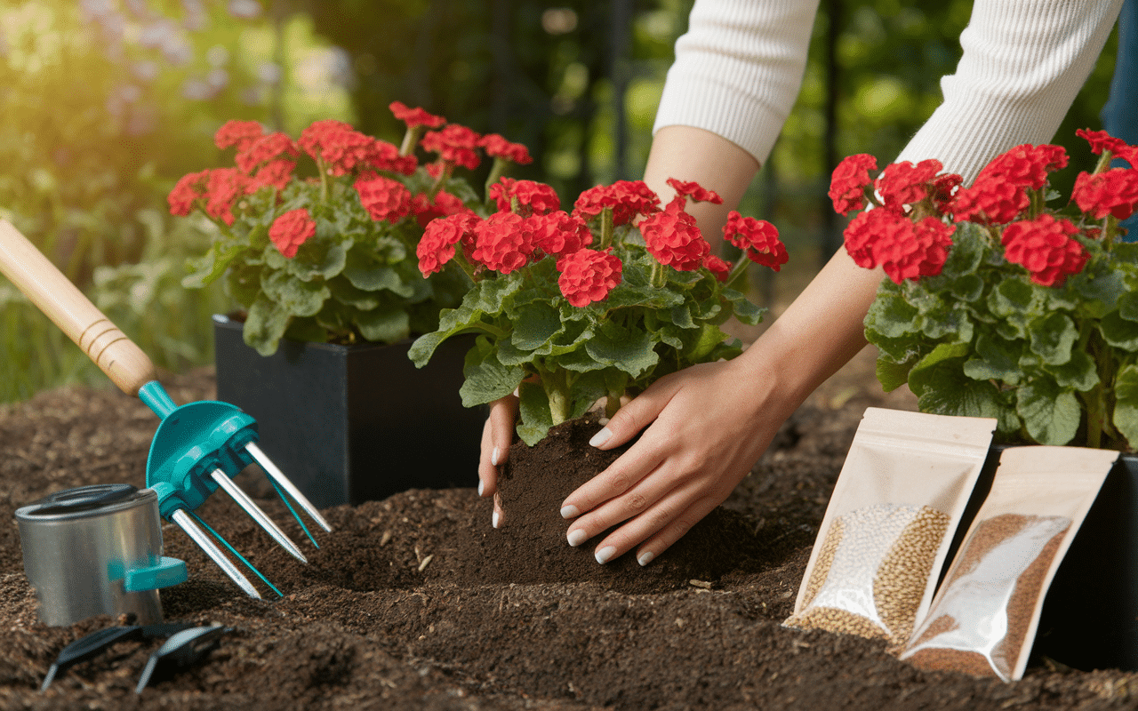 Plantation de fleurs rouges avec outils