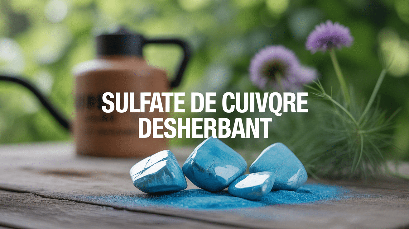 Cristaux bleus de sulfate de cuivre avec pulvérisateur et mauvaises herbes