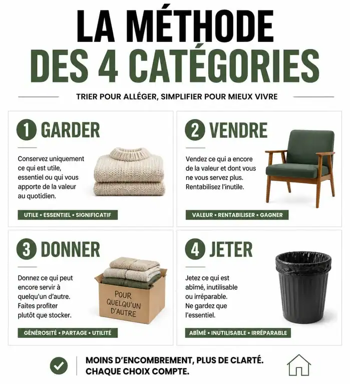 Infographie méthode de tri pour vider une maison : garder, vendre, donner, jeter