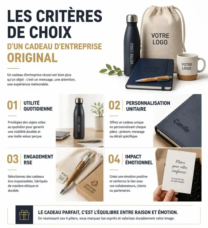 Infographie des critères pour choisir un cadeau d'entreprise original et mémorable
