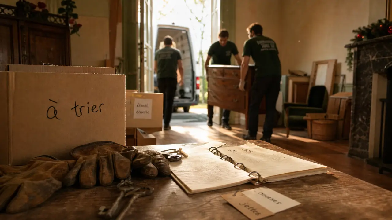 Debarras maison : équipe débarras, cartons à trier et entrée