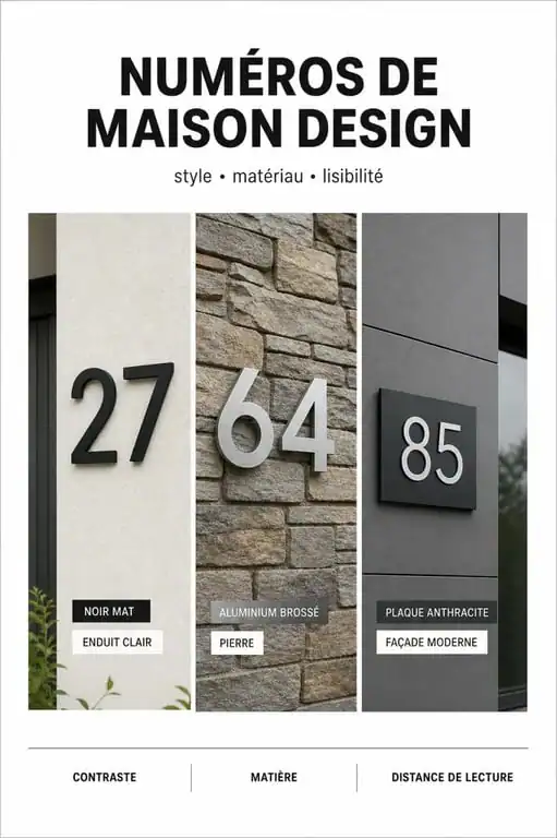 Numéro de maison design présenté sur plusieurs façades avec styles et matériaux différents