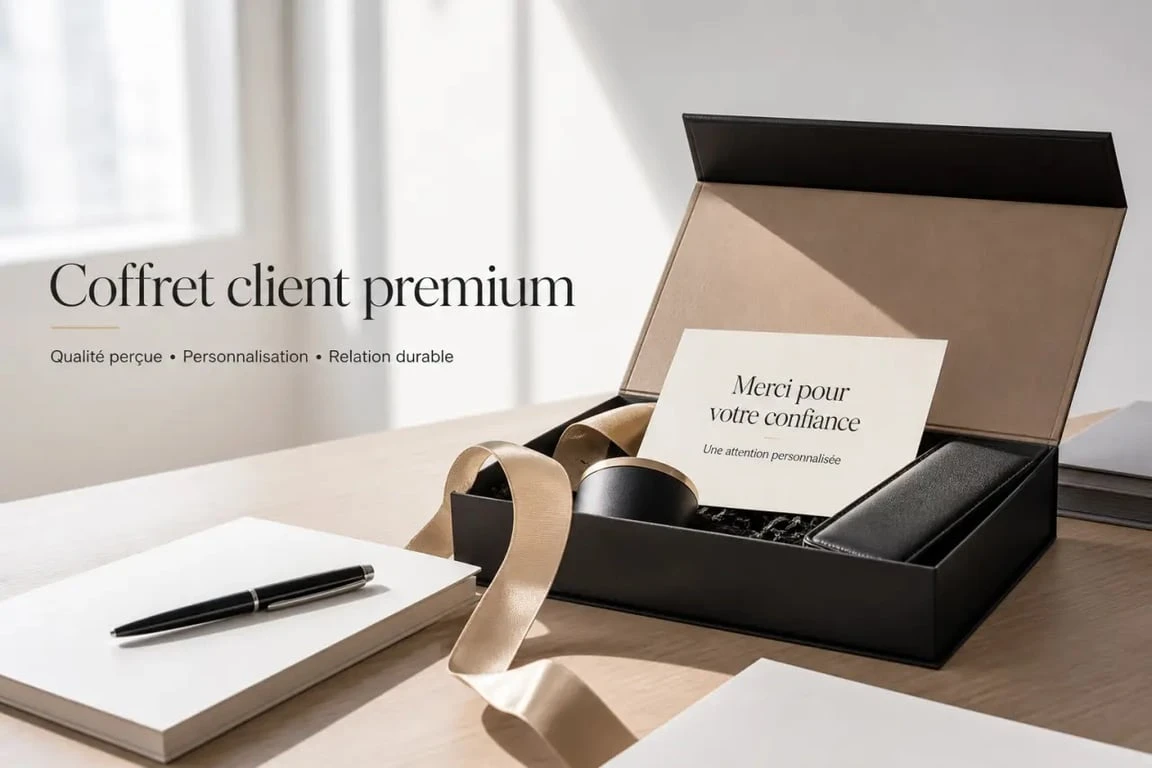 Coffret cadeau client premium personnalisé sur un bureau professionnel