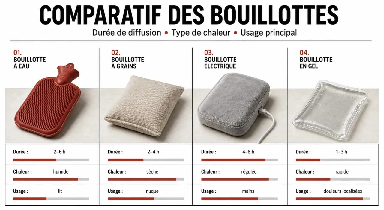 Ou acheter une bouillotte : comparatif visuel des modèles à eau, à grains, électrique et gel