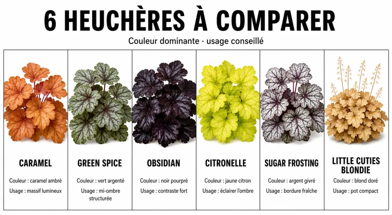 Les plus belles heuchères : comparaison visuelle des variétés Caramel, Green Spice, Obsidian, Citronelle, Sugar Frosting et Little Cuties Blondie