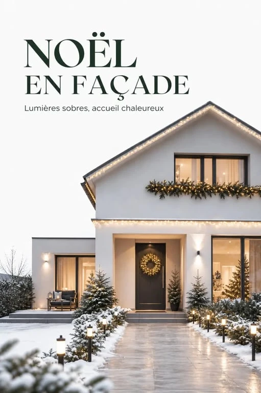 Décoration noel exterieur sur une maison avec guirlandes LED, couronne et allée lumineuse