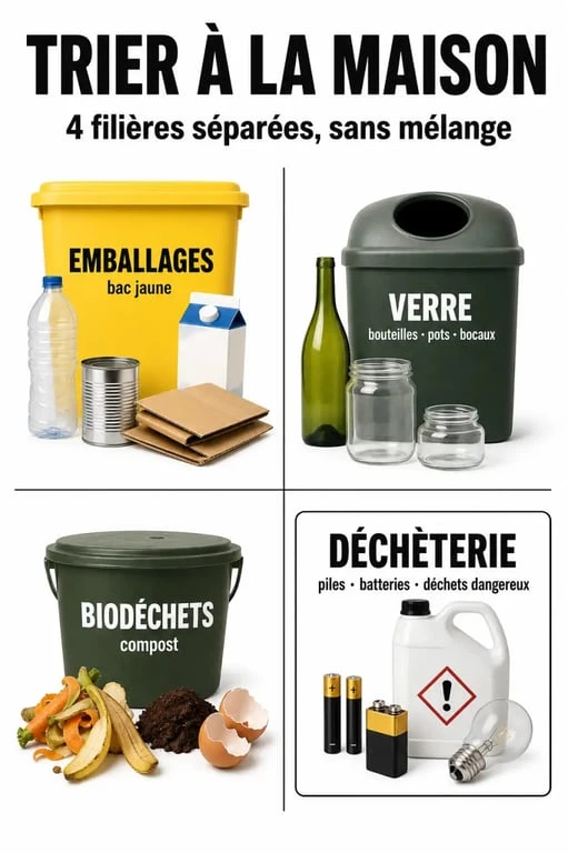 Jeter dans la poubelle : schéma des filières de tri avec bac jaune, verre, compost et déchèterie