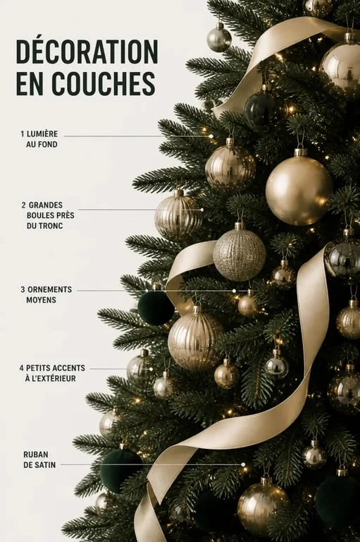 Détail d’un sapin de Noël design chic décoré en couches avec lumières chaudes, boules et ruban de satin