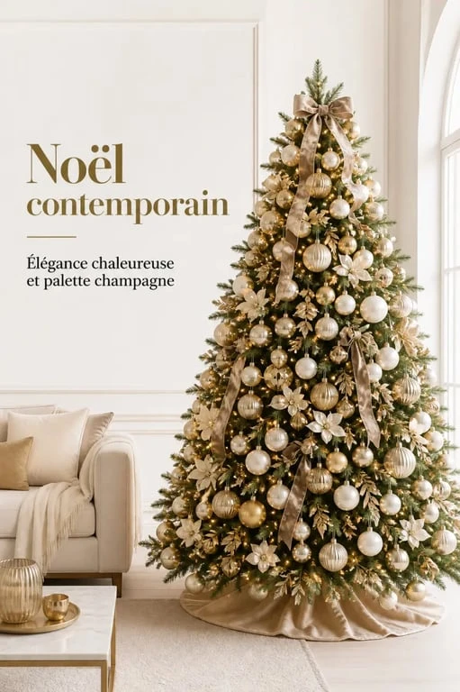 Sapin de Noël design chic dans un salon contemporain avec décor champagne, or ancien et rubans de velours