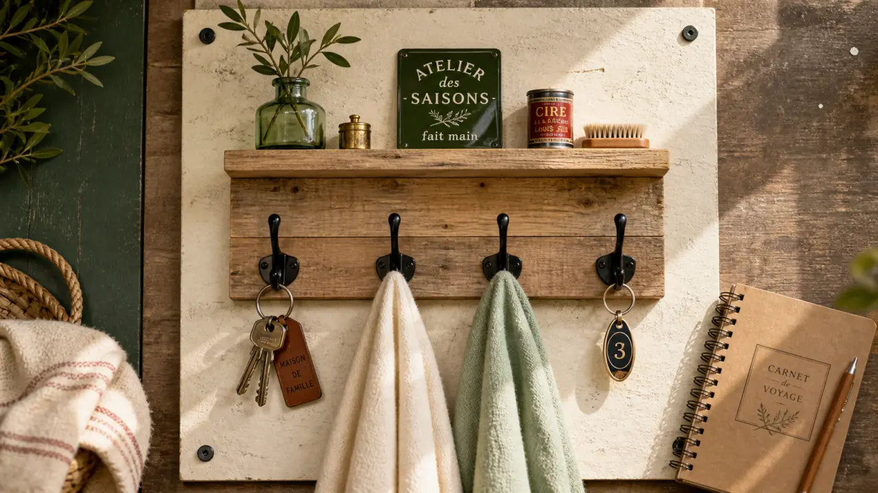 Porte manteau palettes avec 5 patères sur planche, clés et foulards