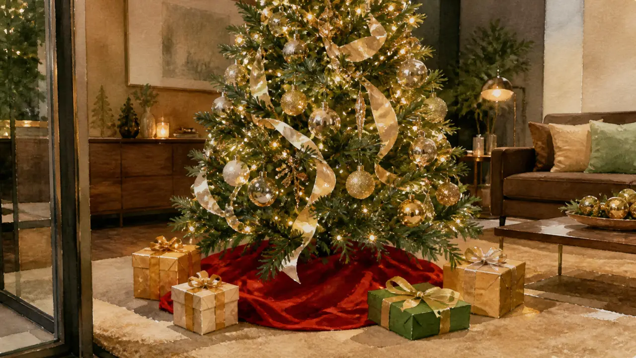 Sapin de noël design chic avec décor champagne et or ancien, boules verre transparentes