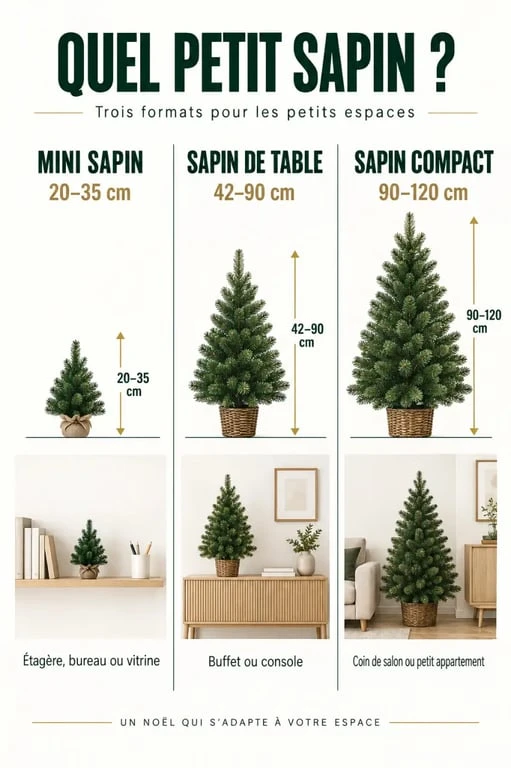 Infographie des formats de petit sapin de Noël artificiel selon la hauteur et l'emplacement