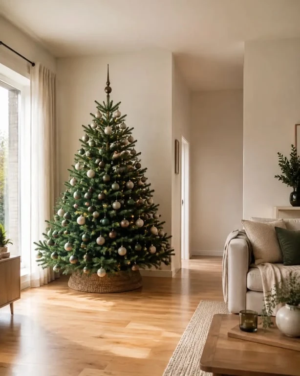 Sapin de Noël de 180 cm installé dans un angle de salon avec espace de circulation